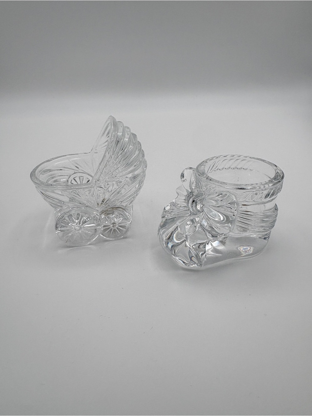 Two Cristal D'Arques Lead Crystal Baby Ornaments Baby Bootie and Baby Carriage